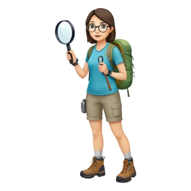 Woman in her 40s with glasses wearing sporty outfit, hiking boots, and backpack, holding a magnifying glass and looking curious sticker