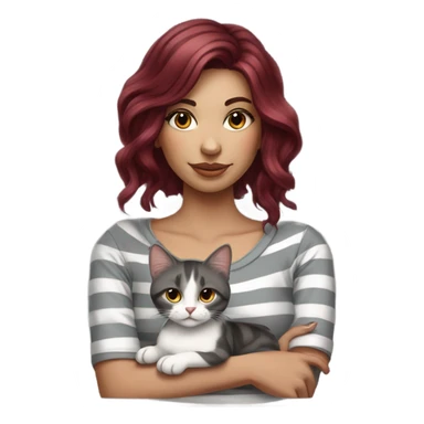 Beautiful burgundy haired tattooed woman holding gray and white striped long hair cat sticker