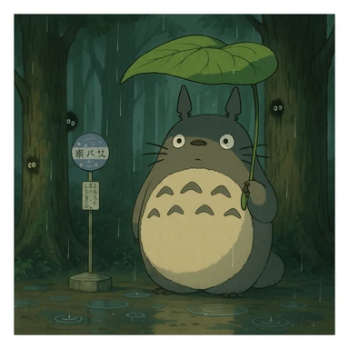 Totoro waiting at a misty forest bus stop, holding a giant leaf umbrella, while tiny soot sprites peek out from tree trunks nearby and raindrops ripple in puddles at his feet. sticker