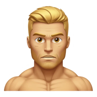 A hyper-realistic, fully golden Gigachad with reflective 24k gold skin, sharp chiseled jaw, golden stubble, blank eyes, and one raised eyebrow. He is shown from the chest up, facing front, with a shiny, muscular physique resembling the Silver Surfer in gold sticker