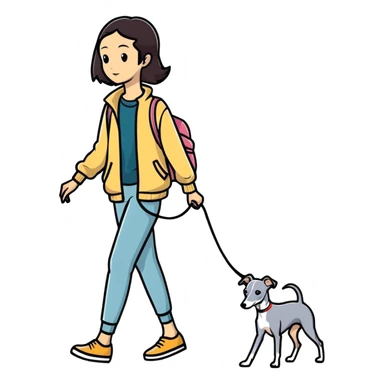 Pretty Asian girl with attractive features walking an all grey Italian greyhound with no white nose sticker