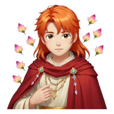 Beautiful gorgeous anime boy with beautiful fiery-special-medium-long-hair, fashion aesthetic, ethereal, fairycore, pastelcore, flower petals, crystals, layered robes, toga, cloak scarf, accessories, jewelries, gold, colorful, shiny, trending style, outside sticker