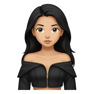 Siyah uzun saçlı siyah ceket  polar ceket ceket gevşek biraz omzundan çıkıyormuş gibi ve bugday ten rengi soltaraftaki omzundan çıkık sadece içinde de siyah crop var crop açık esmer esmer sticker