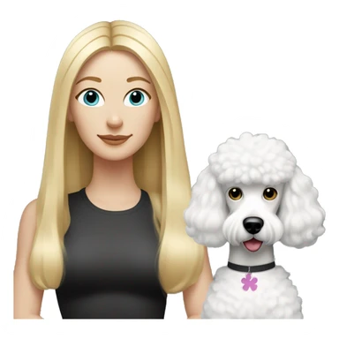 white woman with long blonde hair and cat shaped eyes wearing a yoga outfit standing alongside a black/white poodle sticker