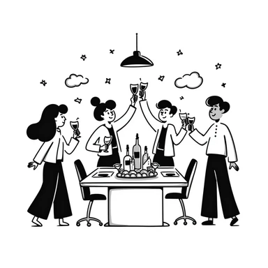 fun office holiday party with coworkers dancing, drinking and socializing around a decorated conference table sticker