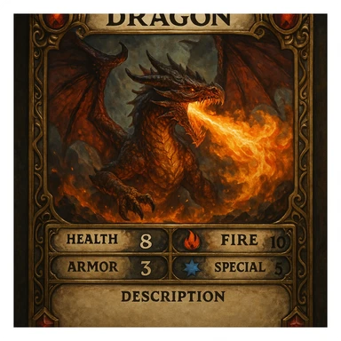 collectible role-playing card showing a majestic fire-breathing dragon, labeled stats for health, fire, armor, special power, description section, highly detailed ornate fantasy card frame, bold colors, epic style sticker