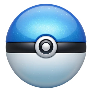 blue pokeball emoji, top half is a more saturated blue, bottom half is white, black stripe, with a white sheen, with a pearlescent finish, with a glitter sparkle effect sticker