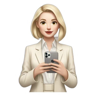 pale skin woman with ash blonde Straightened bob Hair, White Spacious classical jacket, beige palazzo Arrow pants and gray blouse holding white IPhone 15 pro in the hands sticker