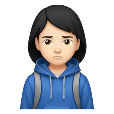 college student with annoyed face , black hair , with hoodie and backpack sticker