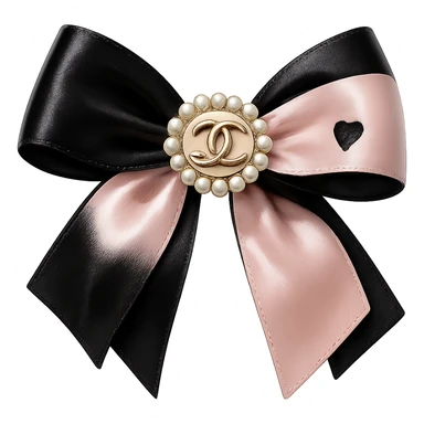 Remove the background, keep only the elegant bow with pearls and gold Chanel logo, glossy, pastel colors, realistic style, with no background. black pink, heart sticker