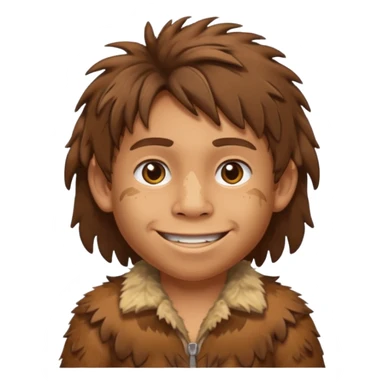 smiling Neanderthal kid with messy hair and animal skin clothing emoji style sticker