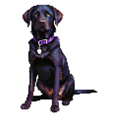black labrador sitting with a purple collar sticker