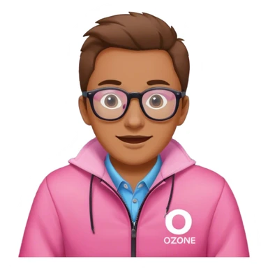 A courier in a pink jacket with the inscription ozone, wearing glasses, sits in the car joyfully sticker