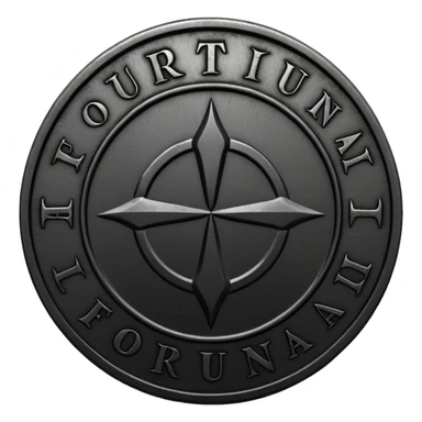 Minimal emoji, gothic metal coin made of black steel, engraved word FORTUNA at the center, ancient industrial aesthetic, worn metal texture, no glow, no neon, flat emoji design, centered, transparent background sticker