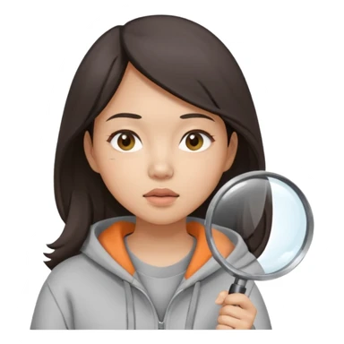 A brunette asian woman wearing hoodie holding a large magnifying glass and squinting at something to intently sticker