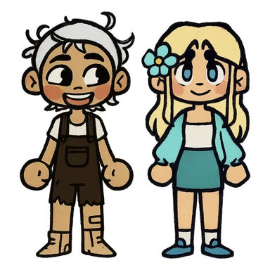 Create a couple image of these two cartoon characters standing side by side, both with happy expressions, matching their style, transparent background. sticker