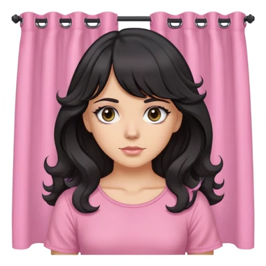 White girl with chest length black wavy hair with curtain bangs, gray eyes, wearing a pink top sticker