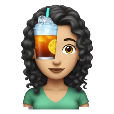 white girl with long black curly hair holding a brisk ice tea sticker