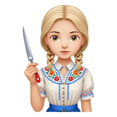 Ukrainian young girl in a white embroidered traditional shirt (vyshyvanka) holding scissors and colored cardboard sticker