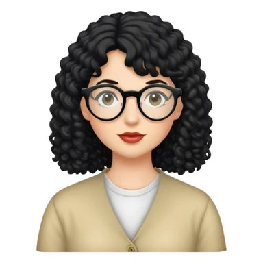 Mulher branca de cabelo preto estilo mullet cacheado e óculos redondo sticker