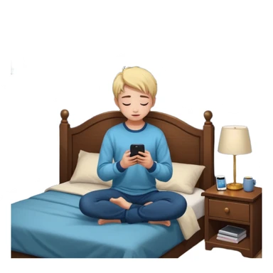 Gen Z teen kneeling by bed praying at night, phone on nightstand, casual outfit, bedroom with posters sticker