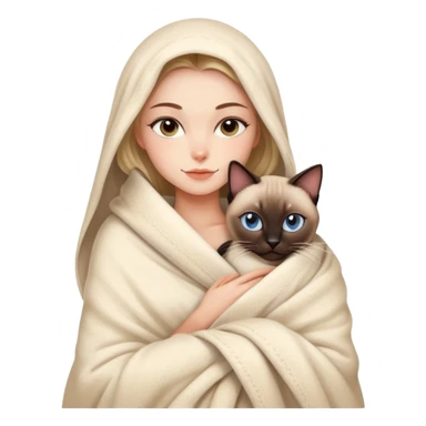 A beautiful and sexy Caucasian girl wrapped in a blanket hugging a Siamese cat sticker