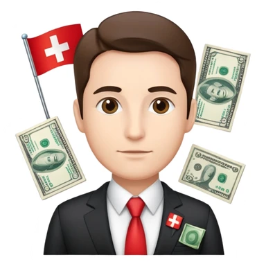 Swiss financial expert with business suit, Swiss flag pin, charts and money sticker
