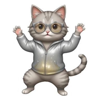 A cat with sparkly glasses dancing awkwardly on its hind legs.


















 sticker