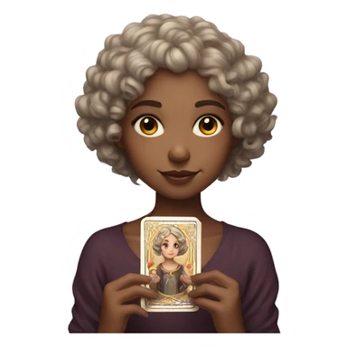 a girl with fair skin, short curly hair, holding tarot cards. sticker