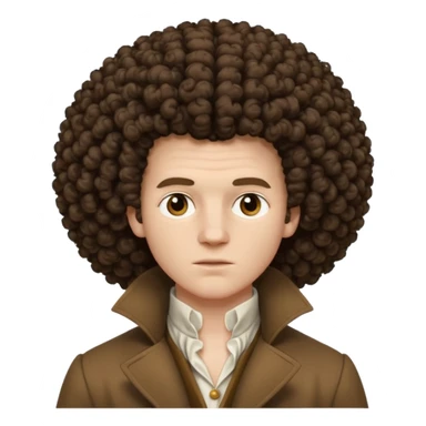 pale man, 1700s, white shirt brown coat, big afro curly hair, not too animated, no jewelry sticker
