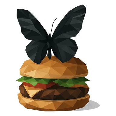 low-poly polygonal style black butterfly sitting on a burger sticker
