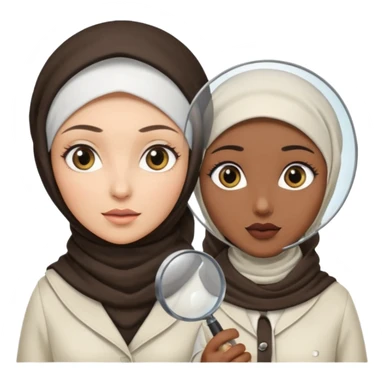 one wite hijabi one dark skin with her hair  out and hand lens and hat like true private inbestigators sticker