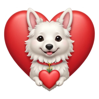 White belgian Dog with a flowerband on head is jumping in a heart sticker