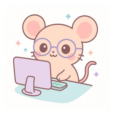 cute mouse wearing glasses using a computer, kawaii cartoon style sticker