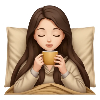 Brunette girl long hair inside a beige blanket sipping coffee eyes closed sticker