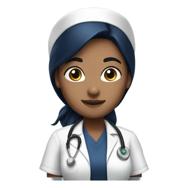 Female Nurse in navy blue scrubs with black hair and cap sticker