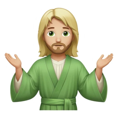 Jesus, green eyes, blonde hair, light green church robe. opening arms, gazing thoughtfully. Soft light, subtle fern. Waist-up, profile. sticker
