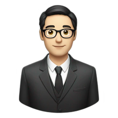 Man in a suit with black hair, pale skin, black reading glasses, and a bible sticker