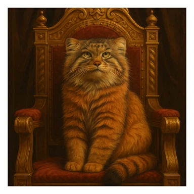 A brown-orange Pallas's cat (Manul) sitting on a royal throne, looking majestic sticker