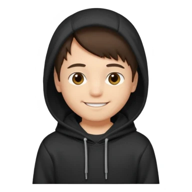 A brunette boy, short straight hair, light brown eyes, with a black sweatshirt with a hoodie, and smile  sticker