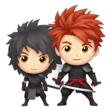 Anime ninja with Red haired young boy with cheeky grin and pointy fluffy hair with a sword in a defense pose sticker