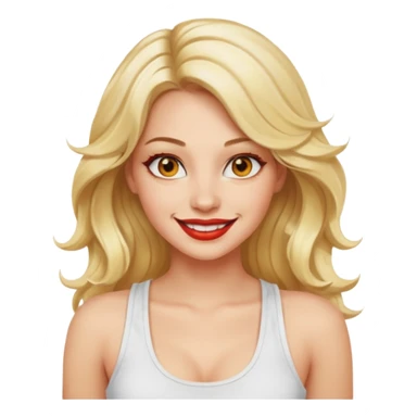 a woman with white tank top and smile, her hair is long wavy blonde hair, her face is baddie girl style, her eyes color are yellow and the color of her lip is soft red sticker