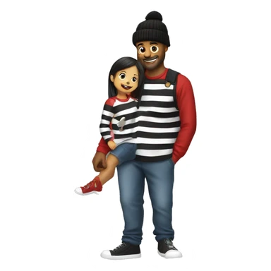 Man in black and white striped long sleeve shirt and black beanie picking up his daughter who is a small kid wearing red shirt with overalls  sticker
