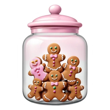 Realistic glass cookie jar with light pink lid full of gingerbread cookies isolated.  sticker