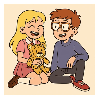 A Girl yellow hair Baby dresses pink school uniform white knee highs sock brown loafer girls shoes plushie Cheetah a boy orange glasses with shirt pjumper purple a pink red tie shoe sticker