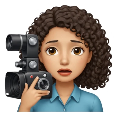 Hispanic Woman with shoulder length dark curly hair holding a camera crying tears sticker