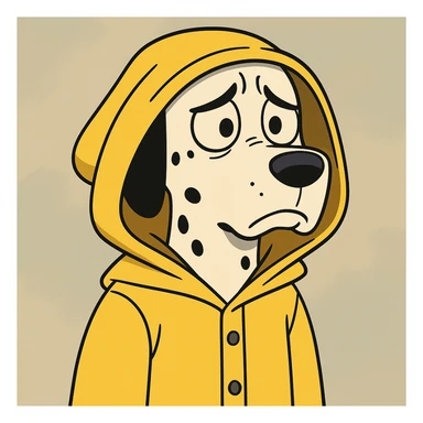 dalmatian in a yellow rain jacket, looking sad, 2D, thick black lines, cartoon style sticker