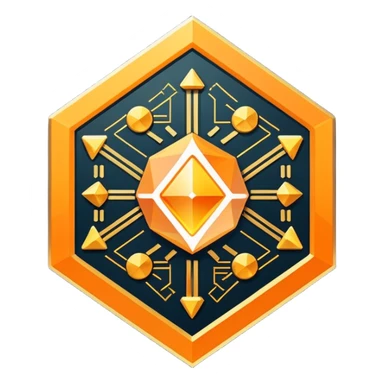 Futuristic reward points icon with PFD text in the middle, diamond or hexagon shape, circuit board lines, Bloomberg terminal aesthetic, gold orange phosphor glow on dark background, minimalist geometric, no text, fintech style, clean edges, professional icon design sticker