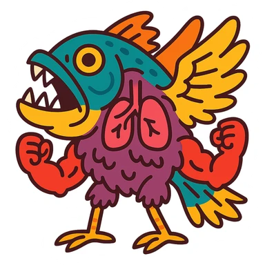 piranha with feathered wings, bird feet, visible lungs, furry body, muscular arms, vibrant cartoon style sticker