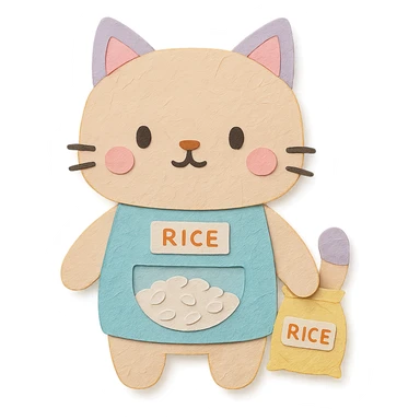 chibi rice dispenser cat standing with a tiny rice bag, soft pastel colors, full-body sticker